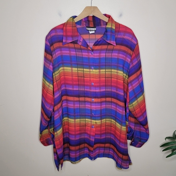Vintage 90s Notations | Rainbow Plaid Striped Tunic Blouse Size 1X - Picture 1 of 6